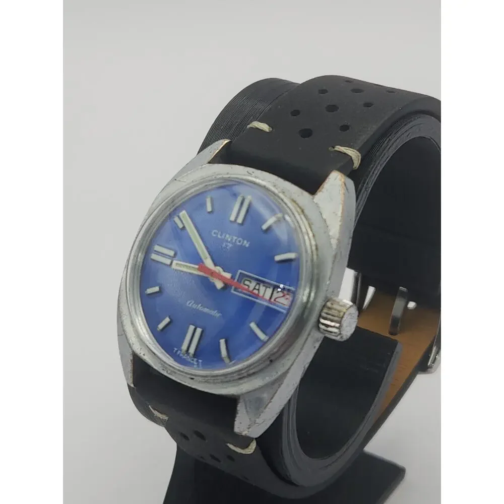 Clinton Watch Men Automatic Vintage 17 Jewels WR Day Date Blue, New Band